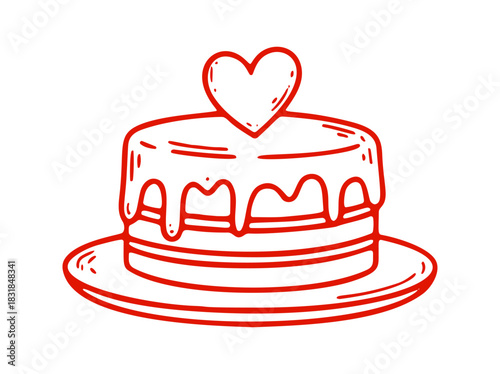 There is a hand drawn cake with icing and a heart on top of it. It is sitting on a plate.