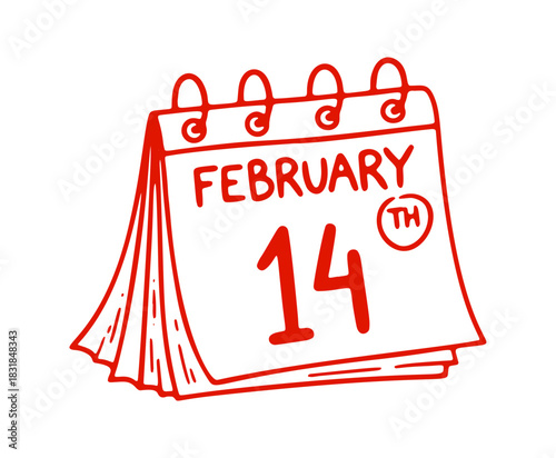 Hand drawn stylized calendar shows the date of February 14th. It signifies Valentine's Day with its simple icon design.