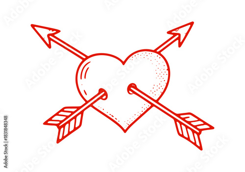 Vector graphic shows a red heart. Two arrows are piercing through the heart, creating a hand drawn doodle style design.