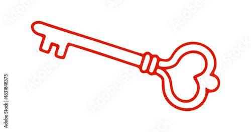 A simple red line drawing shows an old style key. It has a heart shape in the handle and is on a white background.