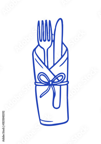 Hand drawn fork and knife inside of a folded napkin, tied with a bow. Perfect for a Mediterranean restaurant icon.