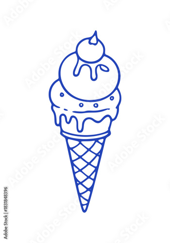 Hand drawn illustration depicts a delicious ice cream cone. It has two scoops with dripping syrup, perfect for a warm day.