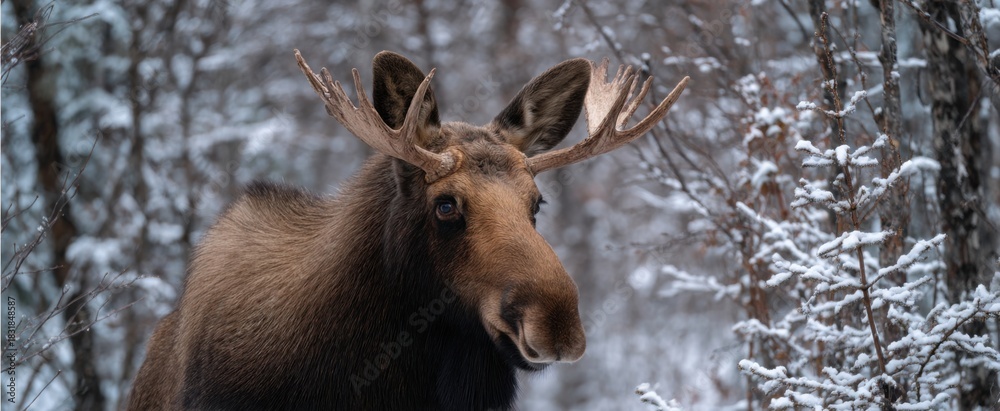 Naklejka premium The moose paints nature’s graffiti using antlers to claim its wooden kingdom.