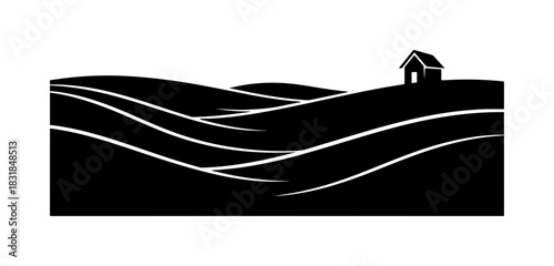 Rolling hills landscape with rural cabin, tranquil scene