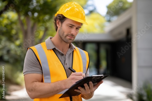 Caucasian male construction worker wearing a yellow helmet and safety vest is taking notes on a clipboard outdoors, showcasing professionalism and attention to detail in a construction environment