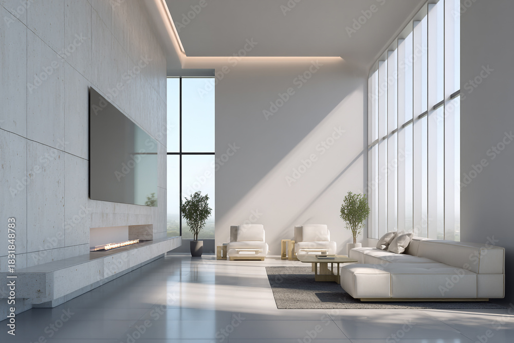 Fototapeta premium Modern minimalist living room with large windows and a fireplace