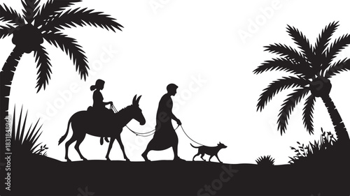 Couple walks with a dog while woman rides donkey in black silhouette