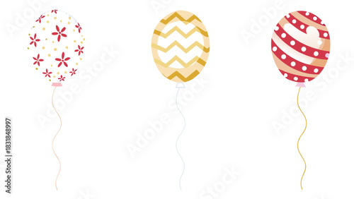 Three decorative balloons with unique patterns including floral chevron and stripes with polka dots perfect for celebrations and party themes