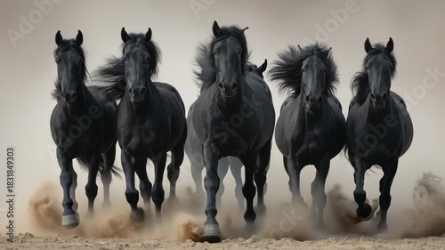 Herd of black horses galloping across dusty landscape during afternoon light, showcasing strength and speed in natural surroundings