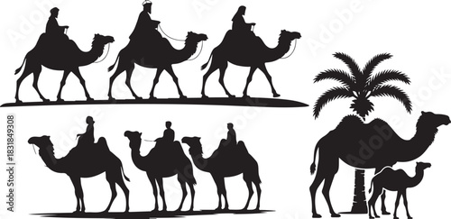 Silhouette shows three travelers and herd with palm tree and calf in desert journey