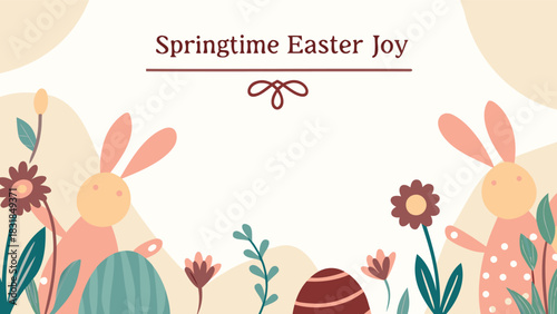 Charming springtime easter illustration featuring cute bunnies colorful eggs and blooming flowers in a soft pastel palette perfect for festive greetings and seasonal designs