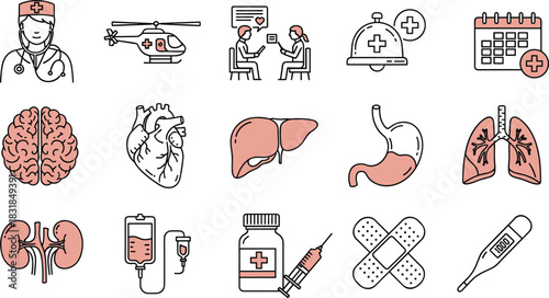 Large Medical and Healthcare Line Icons Set: Doctors, Hospital, Anatomy, Emergency, Diagnostics, Treatment, and Health Management Vector Symbols Collection.