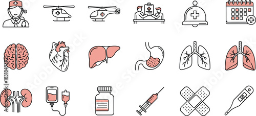 Comprehensive Medical and Healthcare Line Icons Set: Hospital, Doctor, Anatomy, Emergency, Diagnostics, Equipment, and Health Service Vector Collection.