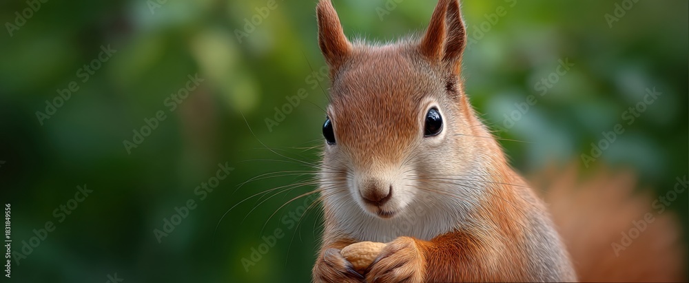 Naklejka premium The red squirrel clutching a nut is nature’s tiny treasure hunter outdoors.