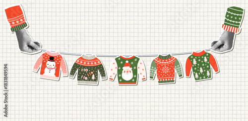 Hands Holding Ugly Christmas Sweater Bunting, Fun Halftone Vector Collage Party Banner or Invitation