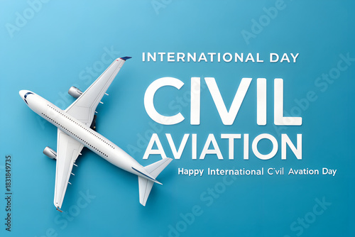 Happy International Civil Aviation Day—white jet on blue backdrop celebrates global flight and connection. generative ai