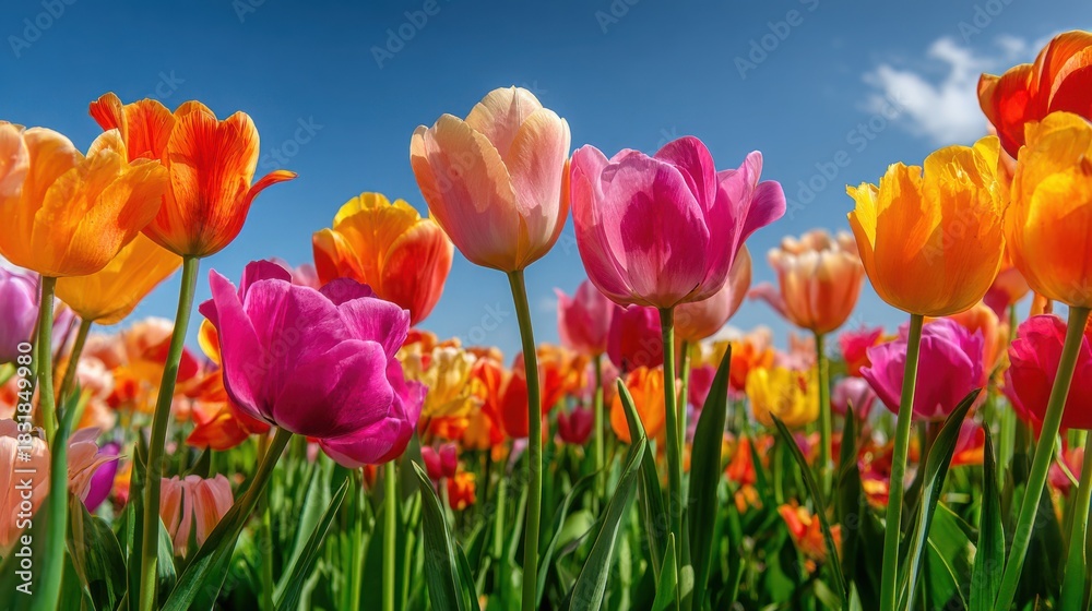 Fototapeta premium Colorful Tulip Field Under Bright Blue Sky with Soft Clouds and Vibrant Blooms of Various Shades Including Pink, Orange, Yellow, and Purple