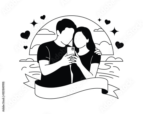 Romantic couple taking selfie with phone in black and white line art