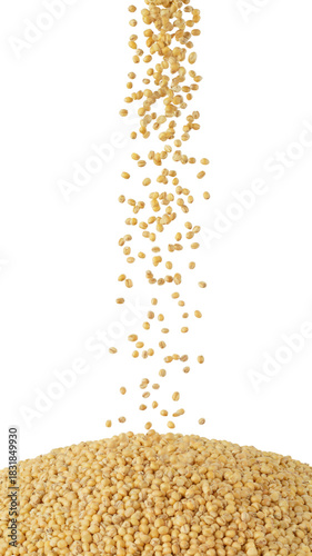 pouring golden couscous in heap . Isolated on transparent background, png