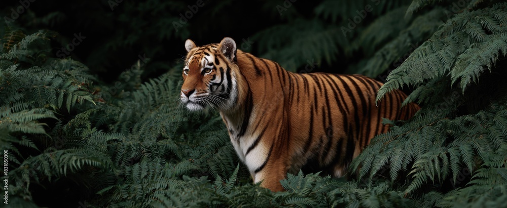 Obraz premium The tiger moves silently through the dense jungle foliage evoking awe and mystery
