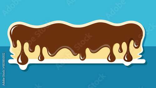 Delicious chocolate drizzle over creamy yellow dessert with blue background