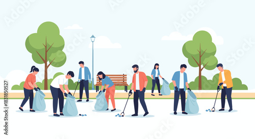 Community volunteers actively clean up a public park, collecting litter to promote environmental health and civic responsibility.