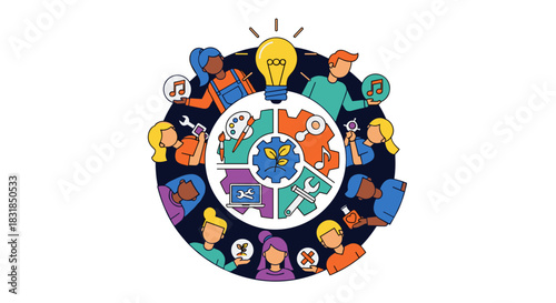 A diverse group of people collaborate around a central mechanism, symbolizing innovation, teamwork, and collective problem-solving in a modern flat design.