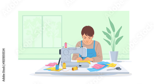 A creative person operates a modern sewing machine, crafting colorful textile projects with fabric scraps and threads in a bright, minimalist home setting.