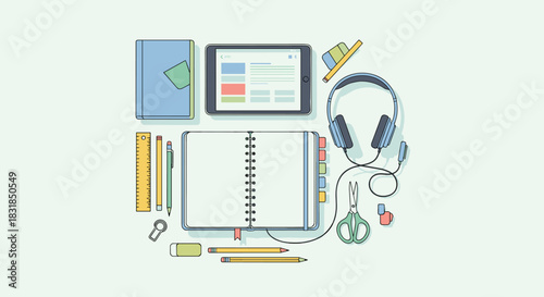 A clean, modern flat lay illustration of an organized workspace, presenting essential study and office supplies, including a tablet, headphones, and stationery.
