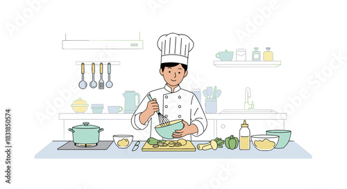 A skilled male chef in a modern kitchen is diligently preparing a healthy meal, mixing fresh ingredients with precision and culinary expertise.