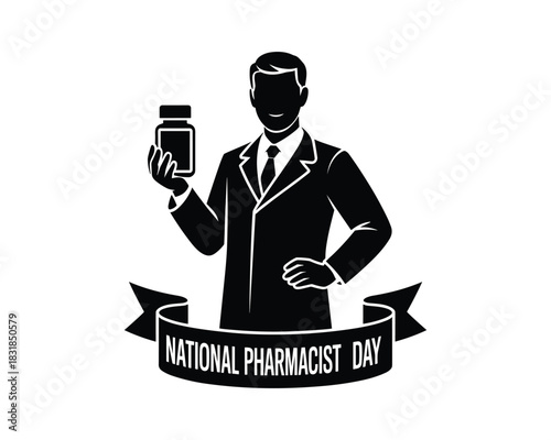 National pharmacist day illustration with pharmacist holding medicine bottle