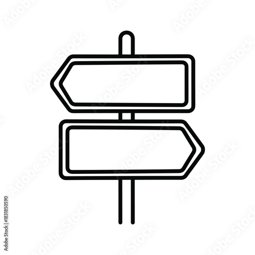 Simple black and white line art icon of a directional signpost with two blank arrow signs pointing left and right, isolated on