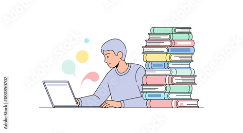 A dedicated student is shown actively engaged in remote learning with a laptop, utilizing digital resources alongside a substantial collection of books.