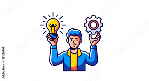 A man skillfully holds a glowing lightbulb, symbolizing innovative ideas, alongside a complex gear, representing strategic execution and problem-solving processes.