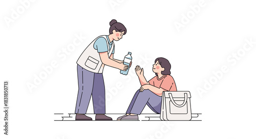 A compassionate volunteer offers a bottle of water to a person in need sitting on the street, illustrating essential humanitarian aid and community support.
