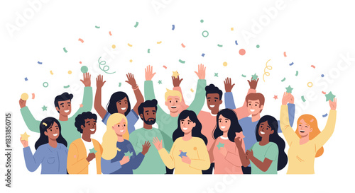 A vibrant, diverse group of happy individuals joyfully celebrates a shared success or achievement with hands raised amidst colorful falling confetti.