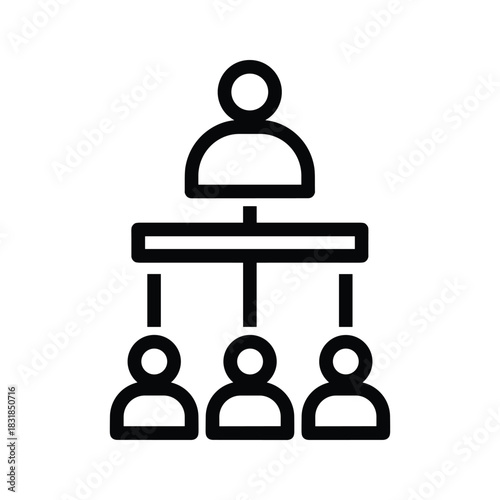 Simple black and white icon representing organizational structure, hierarchy, or team management with one leader above three subordinates