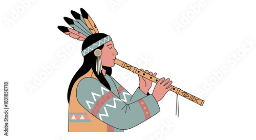 A serene indigenous musician, adorned in traditional feathered regalia, gracefully plays a wooden flute, embodying ancient cultural heritage and peaceful melodies.