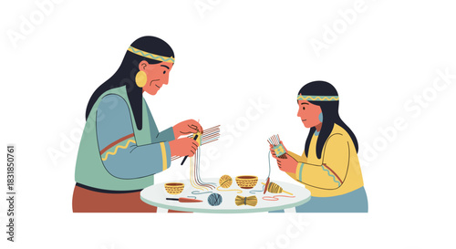 An indigenous woman teaches a young girl traditional crafting skills, fostering cultural heritage and intergenerational connection through art.