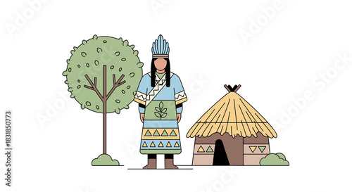 A beautifully rendered flat vector illustration portrays an indigenous person in traditional attire standing beside a natural tree and a rustic tribal hut.
