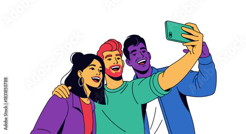 A diverse group of happy young friends is joyfully taking a shared selfie with a modern smartphone, capturing a memorable moment of their vibrant social connection.
