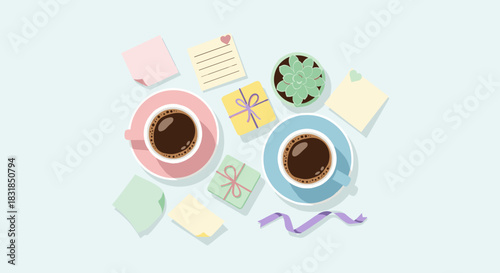 A delightful flat lay illustration of coffee cups, wrapped gifts, and stationery on a pastel tabletop, ideal for friendship celebration.