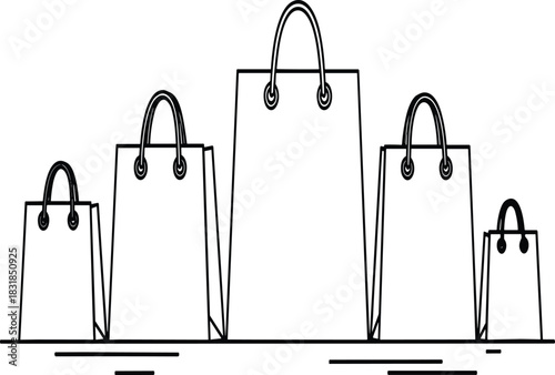 Minimalist vector line art illustration of a row of assorted shopping bags in various sizes, representing retail, consumerism, sale, purchasing, and e-commerce concepts for web design.