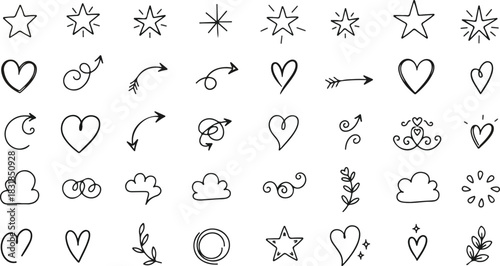 Cute line sketch star, arrow, heart decoration element icon set. Hand drawn sketch doodle cute star, emphasis, flower element. Pen line text decoration shape icon. Hand drawn vector illustration
