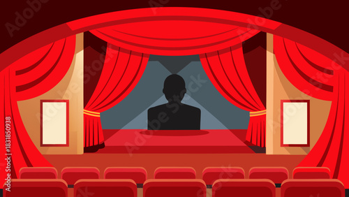 Empty theater stage with red velvet curtains and rows of seats facing the spotlight