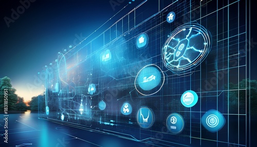 ai application grid with copy space real world use cases like disease prediction robotic surgery and smart logistics abstract grid design with left side copy space