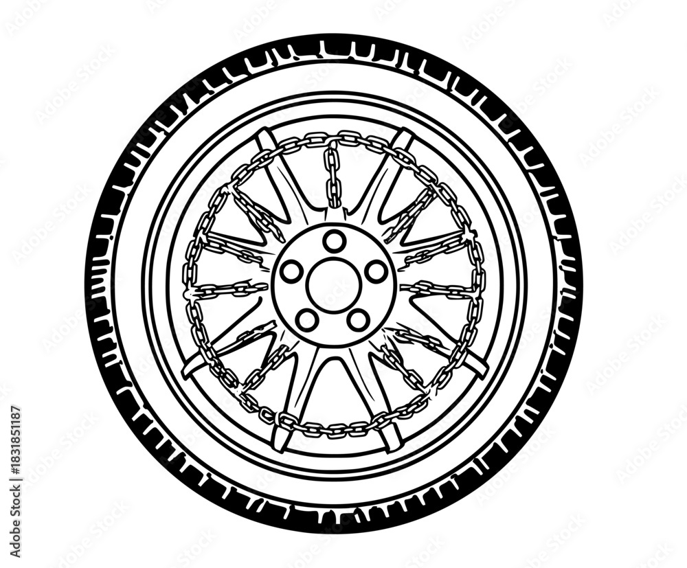 Fototapeta premium Black White Tire Snow Chains Icon | Clean, isolated vector art for creative projects.