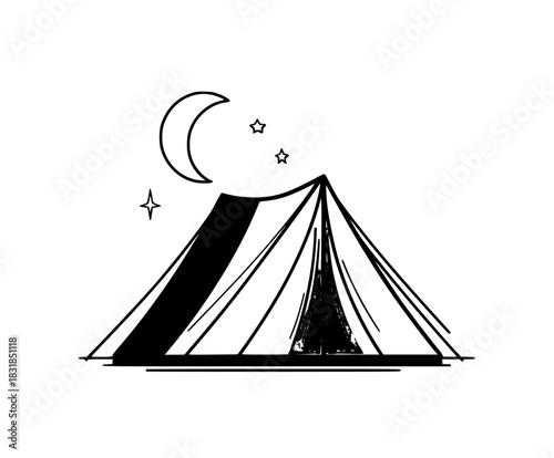 tranquil night under stars: camping tent set under crescent moon three distant stars. | Clean, isolated vector art for creative projects.