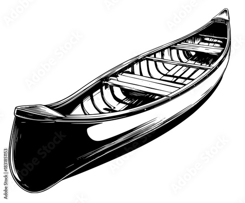 Elegant Black White Line Drawing Canoe | Clean, isolated vector art for creative projects.