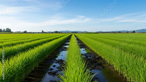 rice field in thailand, Young green onion plants grow in neat rows on fertile farm soil. Agricultural field stretches towards horizon under clear sky. Healthy crop cultivation on rural land.